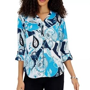New Petite Printed‎ Henley-Neck 3/4-Sleeve Top, Created for Macy's